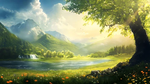 Golden valley sunrise wraps mountains, river and wildflowers