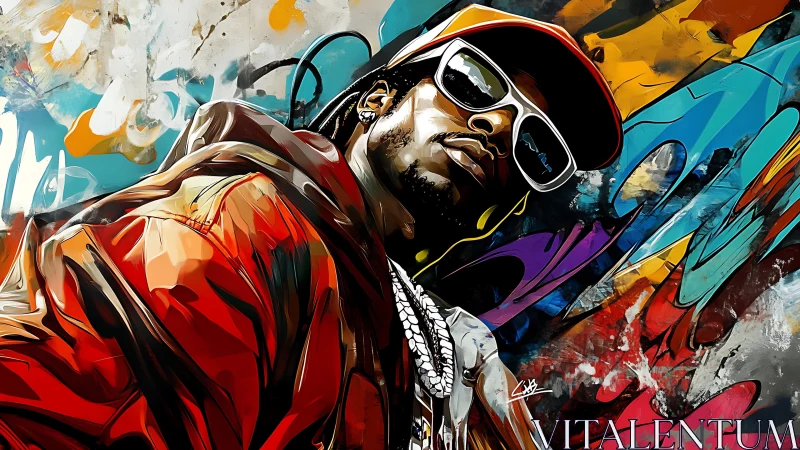 Urban hip-hop portrait slashed with vivid graffiti color bursts.