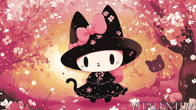 Cartoon cat in witch costume amid pink blossom trees.