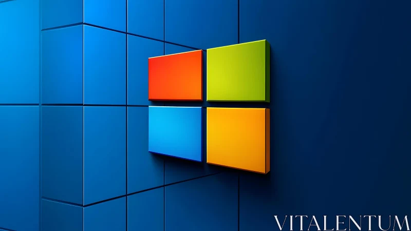 Colorful 3D Windows Logo on Blue Geometric Wall Background.