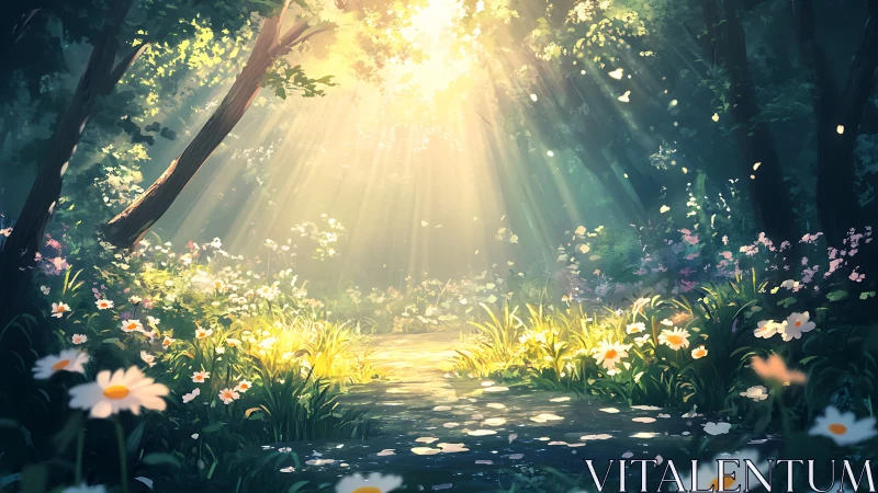 Sun-dappled forest path where wildflowers sip morning light.