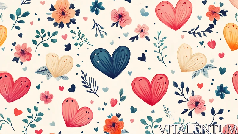Floral Heart Pattern with Botanical Elements and Soft Color Palette.