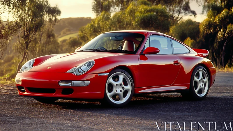 Sunlit red sports coupe paused for a golden hour drive.