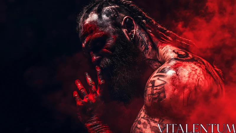 Tattooed warrior bows in red smoke and low key light.