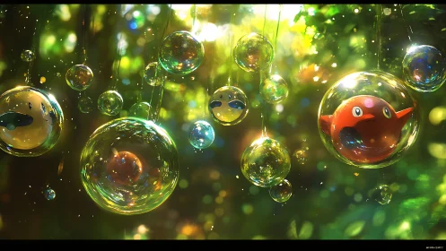Glowing forest bubbles suspend glossy cartoon creatures