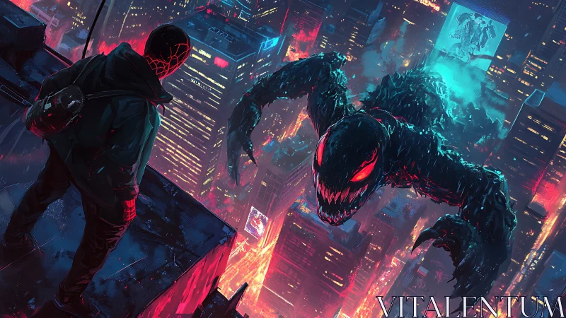 Neon-soaked rooftop standoff with monstrous symbiote predator.