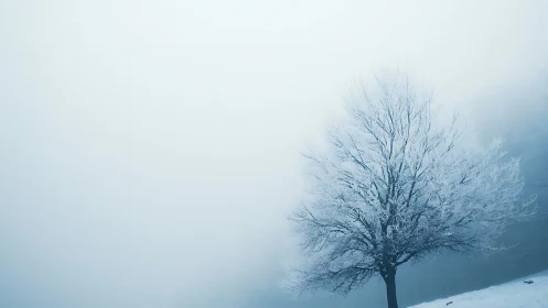Single frost covered tree stands in dense winter fog