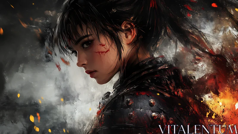 Female warrior in armor amid smoke and scattered embers.