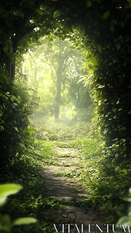 Forest tunnel of verdant foliage glowing with ethereal light.