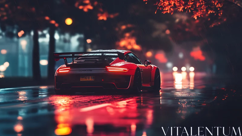 Sports car glows on a rainy neon city street at night.