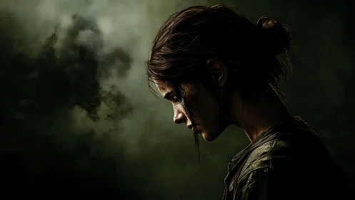 Somber side profile of wounded girl against dark void.