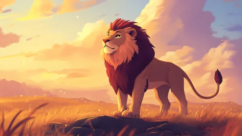 Sunlit lion king surveys a dream-drenched painted savanna