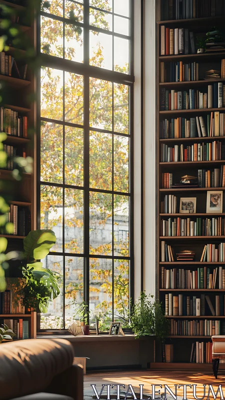 Sunlit home library with tall bookshelves and window.