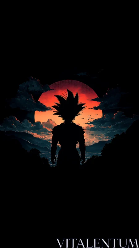 Silhouetted spiky-haired warrior against radiative sunset horizon.
