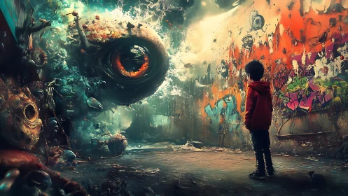 Child facing colossal organic eye in graffiti alley scene.