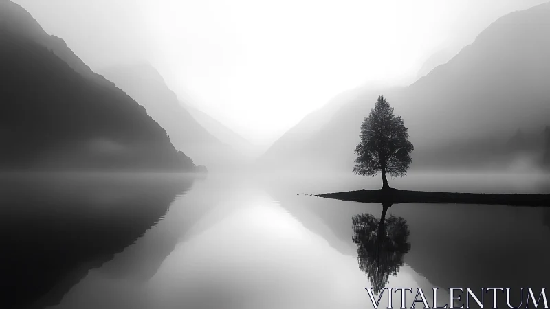 Solitary lakeside tree reflected in misty mountain water.