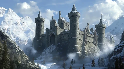 Fortified stone citadel complex in alpine winter mountain pass