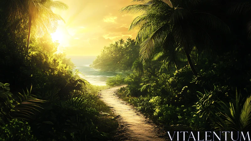Sunstruck jungle path wandering toward a secret cove.