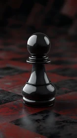 Glossy black chess pawn stands ready on a dark red board