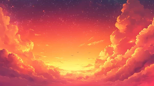 Radiant sunset sky paints towering clouds in vivid gradients