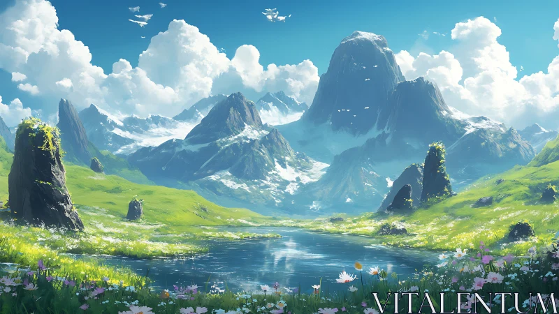 Lush alpine valley and crystal lake beneath towering peaks.