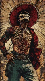 Skeletal gunslinger stands radiant under worn crimson sombrero