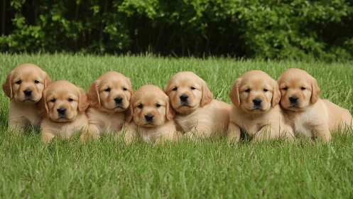 Golden puppy lineup sharing sweet sunshine and soft smiles.
