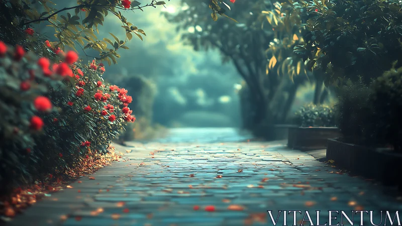 Garden pathway with red blooms in dreamy soft focus.