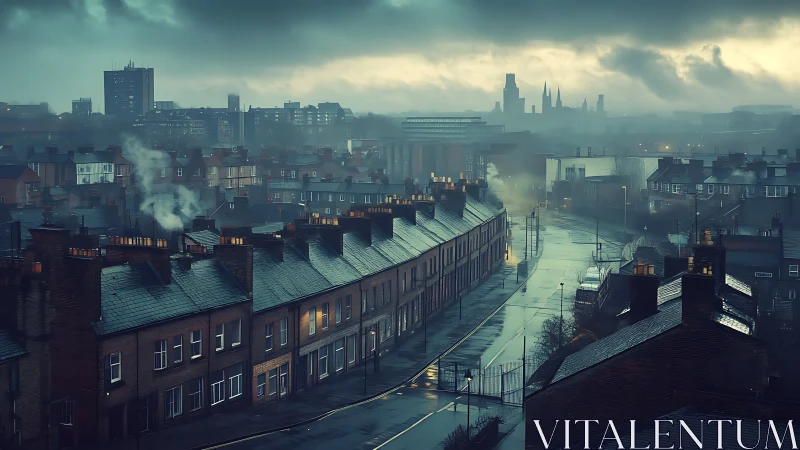 Moody rain-soaked city terrace under heavy storm clouds.