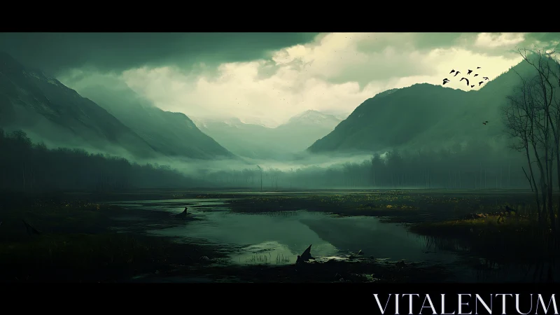 Mist-draped valley lagoon hums quietly beneath brooding peaks