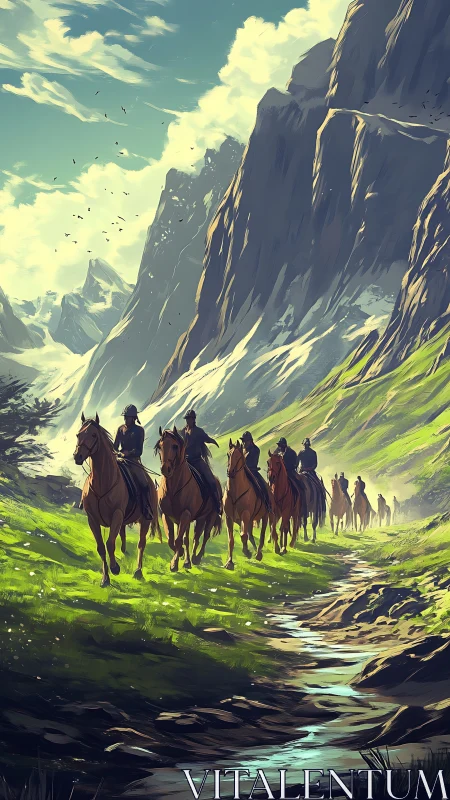 Riders Threading Sunlit Mountains Along a Singing Stream.
