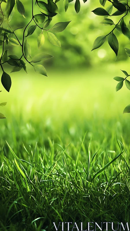 Whispering meadow floor beneath dew-lit hanging leaves.
