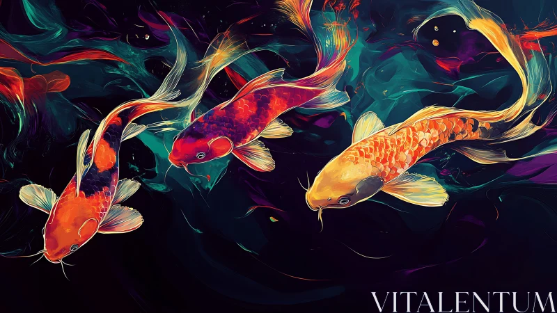 Vibrant koi fish swirl through luminous abstract water.