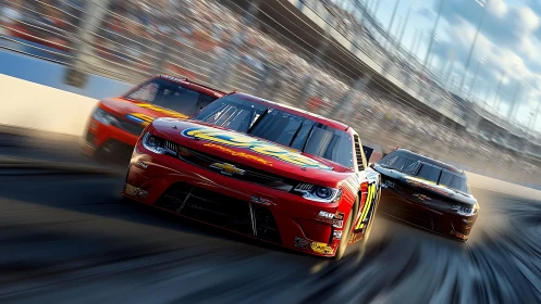 Stock cars slice high-speed line through banked oval turn.