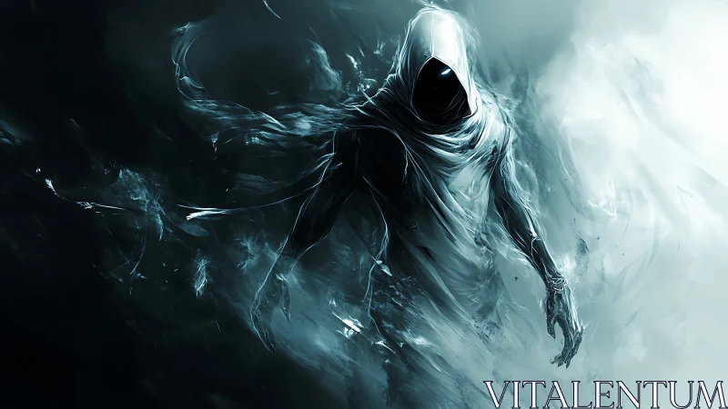 Shrouded spirit crossing from shadow to stormy light.