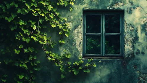 Quiet ivy-climbed window on a weathered teal cottage wall.