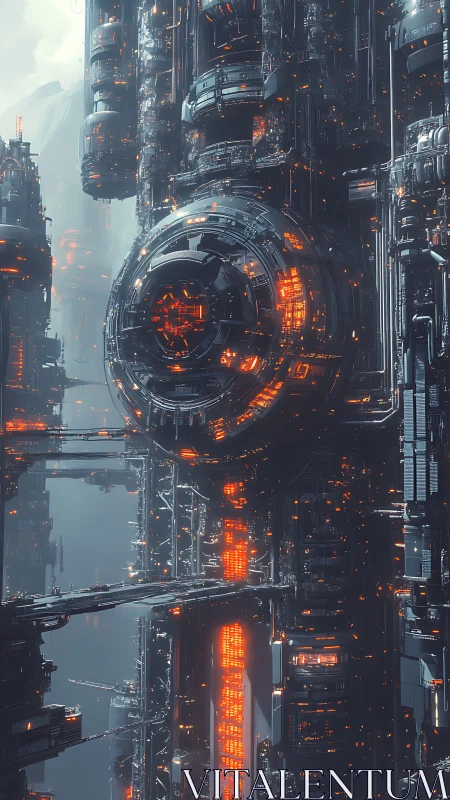 Towering cyberpunk reactor hums with glowing orange energy