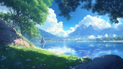 Mountain lake landscape with trees, rocks, and distant town.