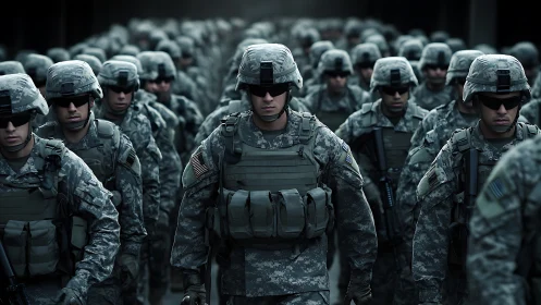 Combat infantry column advances in tight formation outdoors.