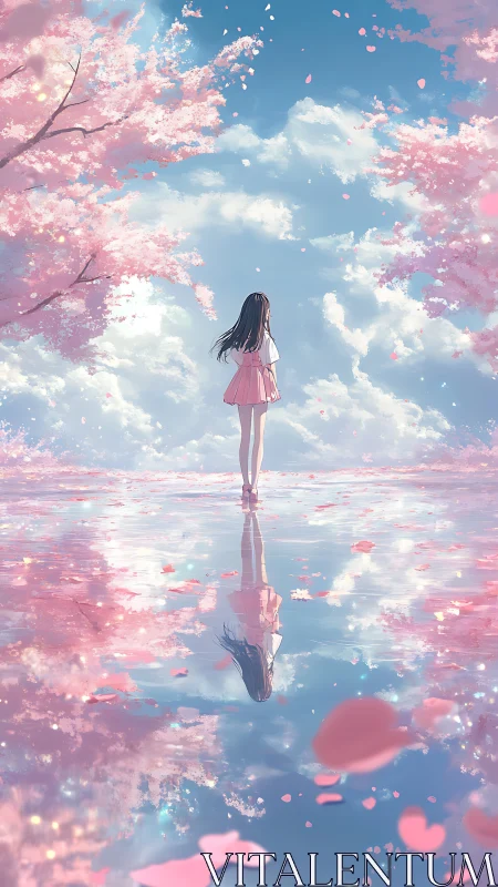 Girl stands on reflective water under pink cherry blossoms