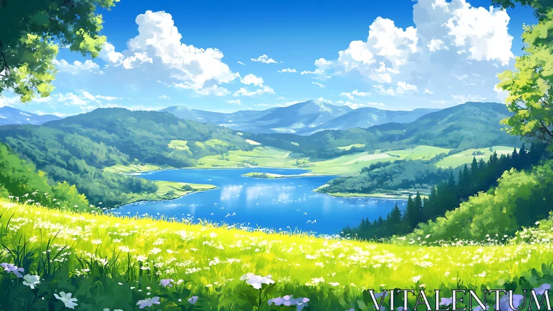 Radiant alpine valley lake under volumetric summer sky.