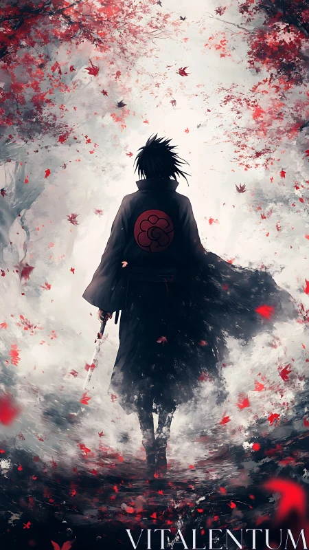 Solitary cloaked swordsman amid crimson autumn vortex mist