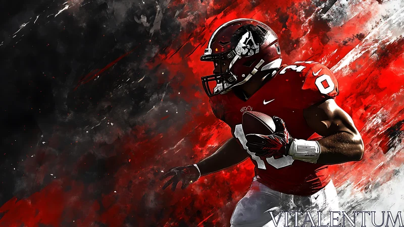 American football runner in red uniform on abstract field.