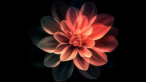 Luminous Coral Dahlia Flower Against Black Background.