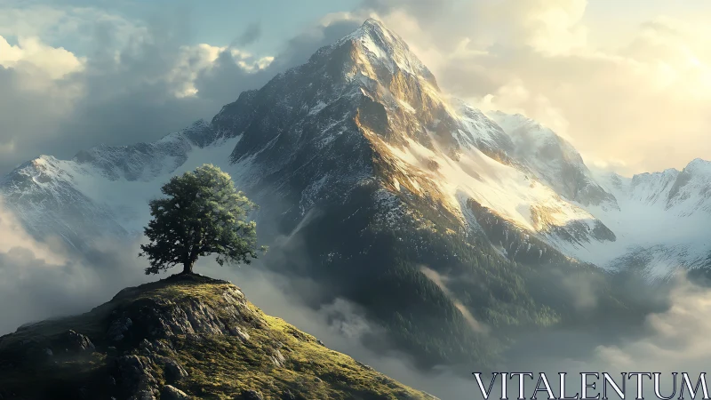 Solitary hilltop tree beneath luminous alpine peak.