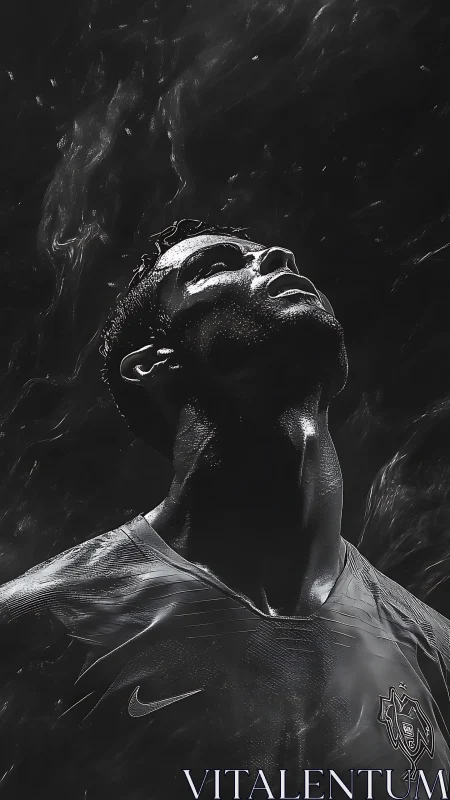 Monochrome portrait of footballer in dramatic light.