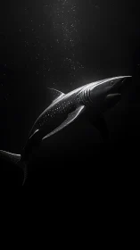 Solitary shark silhouette under dramatic spotlighted depths.