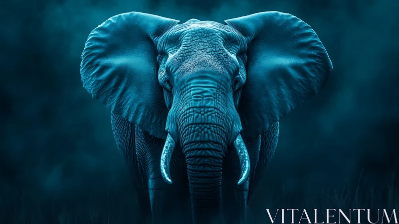 Majestic blue elephant emerges from a moody twilight mist.