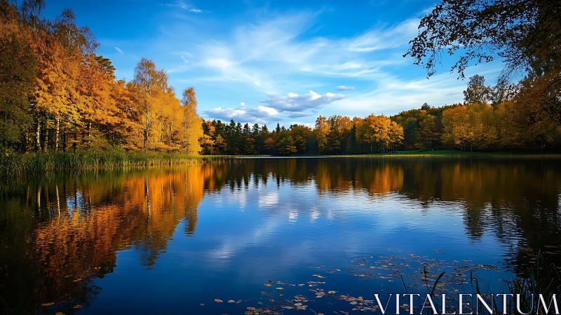 Autumn shoreline trees reflect crisply on still freshwater lake surface