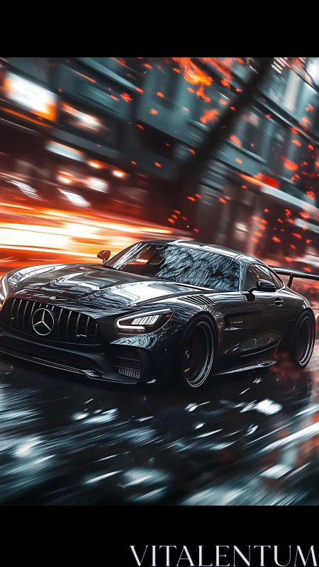 Midnight city sprint with a sleek black sports coupe.